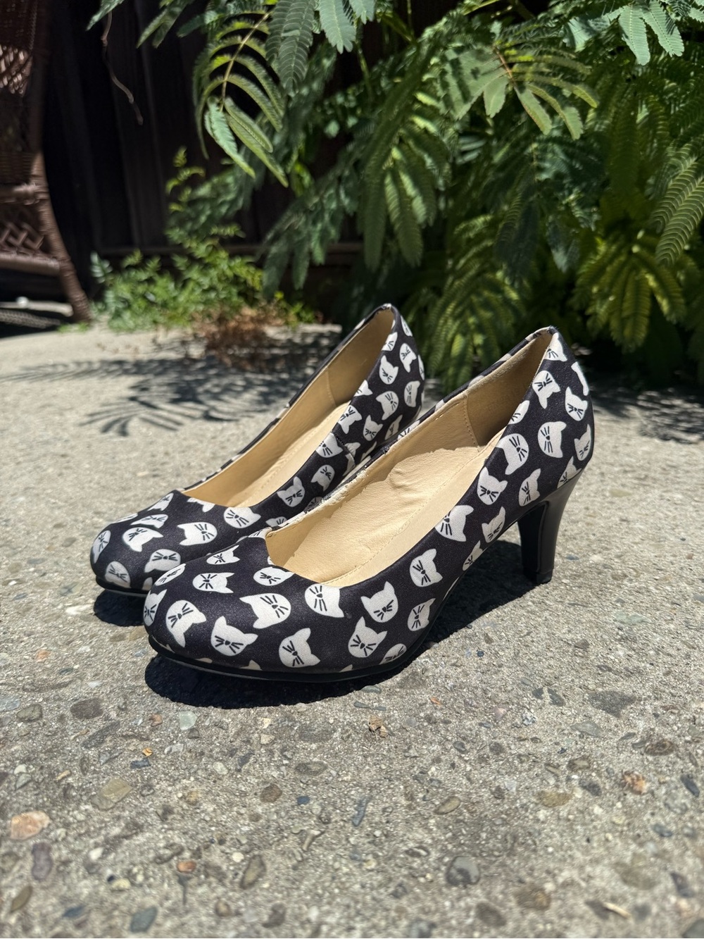 T.U.K Black and White Cat Print Kitten Heels